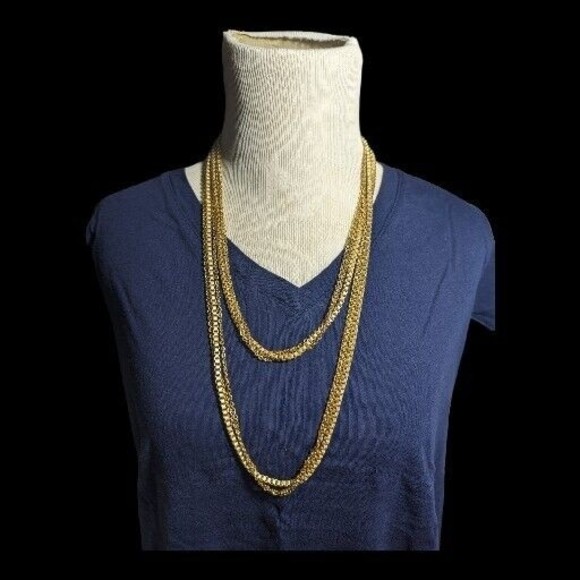 Vintage Germany Triple Strand Chain Necklace Gold Tone 53 Inch Hollywood Regency - Picture 1 of 5